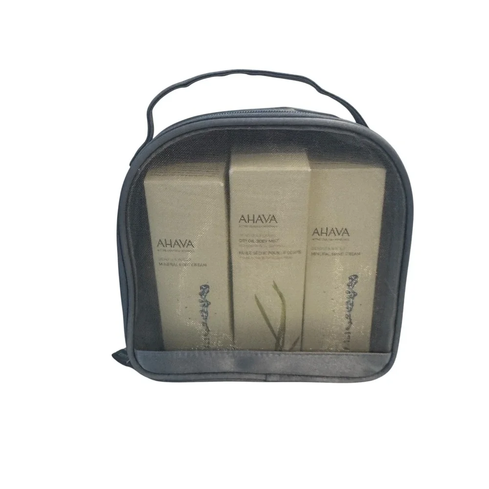 AHAVA Dead Sea Minerals 3pc Set Dry Oil Body Mist Hand & Foot Cream with Bag